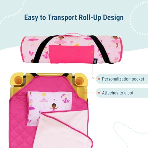 Image of Wildkin Modern Kids Nap Mat with Pillow for Girls - Soft & Cozy Cotton Blend, Elastic Straps, Toddler Sleep Mat for Daycare, Preschool, Kindergarten & Travel, Ages 3-7, Machine Washable - Ballerina