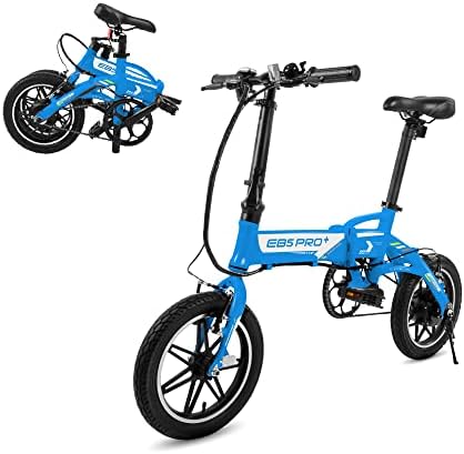 Swagtron Swagcycle EB-5 PLUS Folding Electric Bike with Pedals and Removable Battery, Blue, 14" Wheels