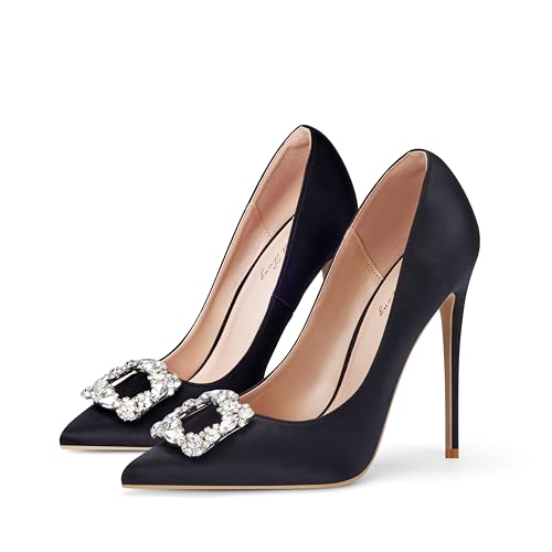 Elisabet Tang Women's High Heels,4.72 Inch Satin Glitter Rhinestone Stiletto Pumps for Women Sexy Closed Pointed Toe Heels Elegant Versatile Wedding Bridal Party Dress Shoes