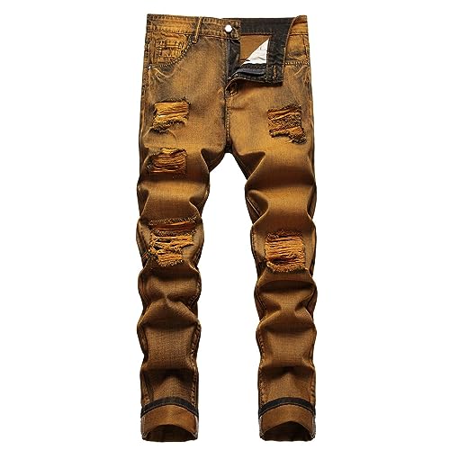 New and Style Digital Print Vintage Ripped Straight Tube Color Contrast Slim Stretch Denim Pants Boy Slip (02-Bronze, M)