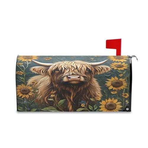 Kigai Sunflowers Highland Cow Mailbox Covers Magnetic Standard Size 21x18 Inch Decotive Letter Box Cover Mailbox Wrap for Outdoor Garden Yard Decor
