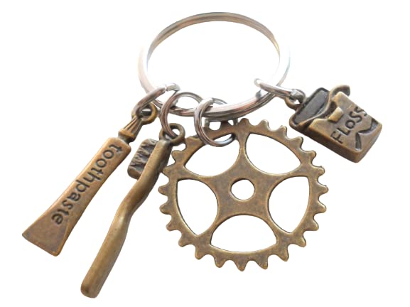 JewelryEveryday Dental Assistant Dental Office Staff Orthodontics Employee Thank You Keychain Bronze Toothbrush Floss Gear Charm Keychain