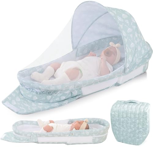 Image of Portable Baby Lounger Bag, Foldabl Babies Nest with 2-in-1 Removable Mosquito Net, Infant Travel Nest Lounger, Easy Setup and Storage for Outdoors Indoors - Baby Registry (Light Green)