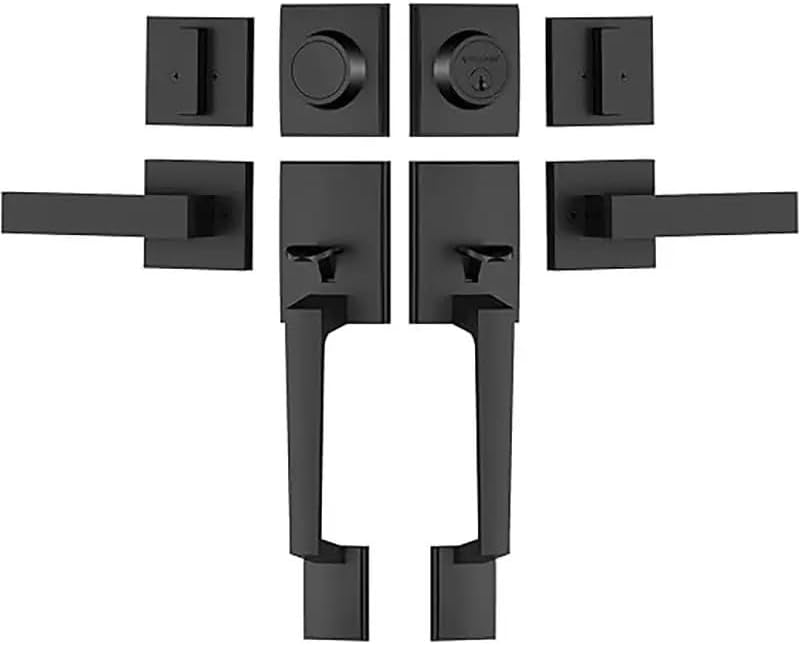SUYA Heavy Duty Double Front Door Lock Set with Single Cylinder Deadbolt & Square Lever (Keyed and Dummy Combo) - Reversible for Left/Right Hand Exterior Entry Doors - Matte Black