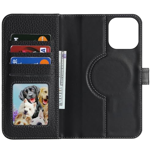 Image of Detachable Genuine Leather Case for iPhone 16 Pro Max Wallet Case Magnetic 2in1 Removable Flip Cover Book Purse Compatible with Magsafe Charging Kickstand Card Holder-Black