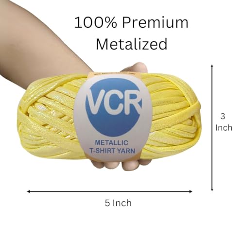 Image of VCR Shine Light Yellow Metallic T-Shirt Yarn, 100 Grams, 100% Metallized Craft Yarn, Pack of 1 Yarn, Suitable for Handbags, Tote Bags and Sling Bags