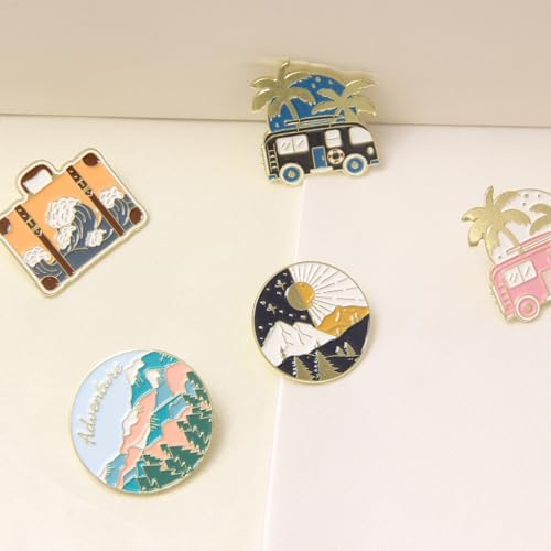 5PCS Tropical Advanture Mountain Wave Enamel Pins Bulk, Cartoon Cute Cool Vibes Briefcase Lapel Backpack Hat Pin Set, Decorative Crooches Button for Jeans, Jackets, Bags, Dress, Shoes2