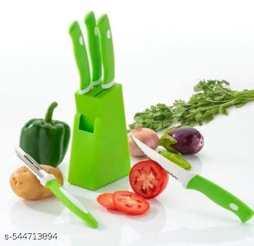 Image of 5 Pieces Kitchen Knife Set with Holder Stand 4 Knife + 1 Peeler + 1 Stand (Green)(Green + Stand Knife Set) /101 KP2421
