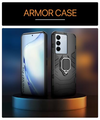 Image of WOW IMAGINE Shock Proof Back Case Mobile Cover for Vivo V27 | V27 Pro 5G (Tough Armor | Hybrid PC + TPU | Full Protection with Ring Holder & in-Built Kickstand | Black)