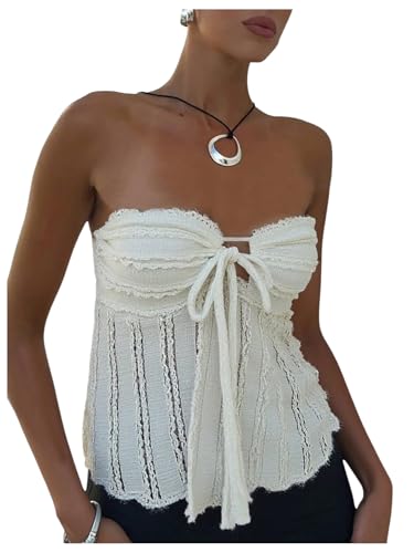 SOLY HUX Women's Tie Front Frill Trim Tube Top Strapless Asymmetrical Going Out Tops