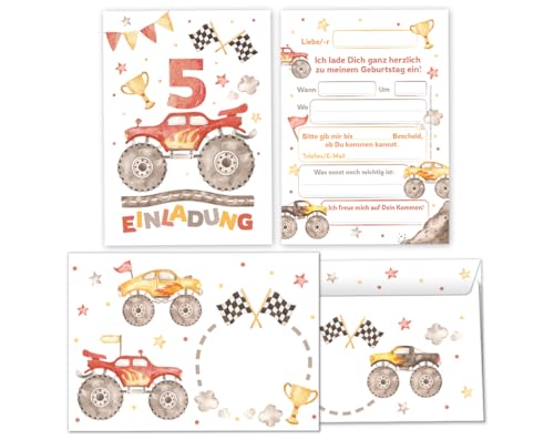 Minkocards 12 Einladungskarten incl. 12 Umschläge zum 5. Kindergeburtstag Jungen Monster-Truck Auto Einladungen zum fünften Geburtstag Kinder Einladungsset
