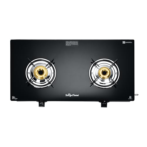 Image of Surya Flame Maestro 2-Burner Gas Stove, Toughened Glass Top, 2 Tri-Pin Brass Burners, Manual Ignition, 69%+ Efficiency, ISI Certified