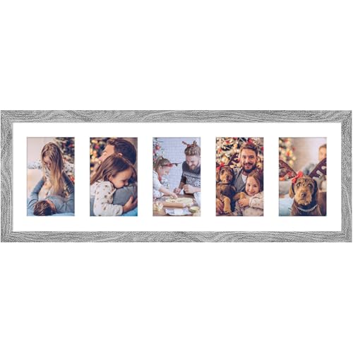 KSROECUD 8x24 Collage Frame with 5 Openings 4X6 Pictures, Multiple Picture Frame with Mat, Wall or Tabletop Decor, Grey Wood Grain (1 Pack)