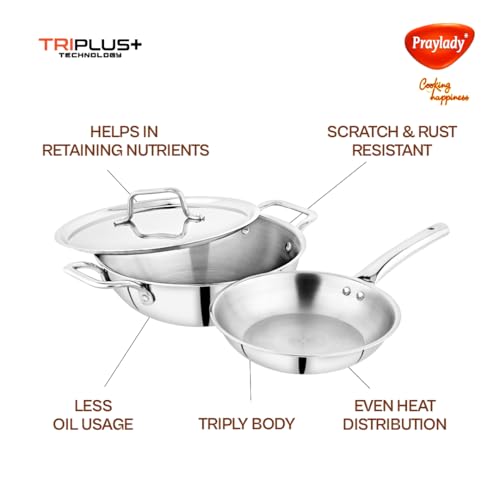 Image of Praylady TRIPLUS 3-Piece Triply Cookware Set | 24cm Kadai + 24cm Lid + 22cm Frypan | Triple-Layered Stainless Steel-Aluminum | Works on Induction, Gas & All Cooktops(3-Piece Triply Cookware Set)