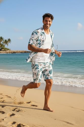 Image of Zilcon Men's Matching Set Summer Beach 2 Piece Outfits Floral and Palms Button Down Shirts and Shorts Goa Vacation Outfits