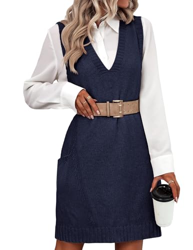 Image of HOTOUCH Women Sweater Vest Oversized V Neck Sleeveless Knit Pullover Ribbed Vest Dress with Pockets