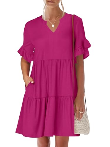 Image of ANRABESS Women's Summer Casual Dress, V-Neck Ruffle Sleeve Tiered Mini Dress, Soft Comfy Fabric with Pockets for All-Day Wear