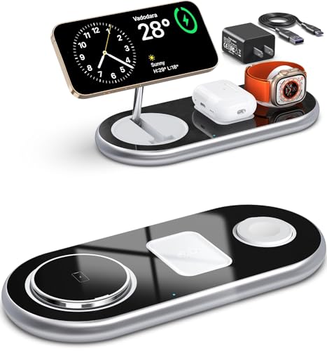 3 in 1 Charging Station for Apple Devices, Faster Mag-Safe Charger Stand, Magnetic Wireless Charger Station for iPhone 15 14 13 12 Pro Max Plus, Apple Watch iwacth & AirPods, Adjustable Angle