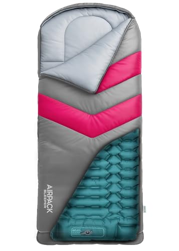Bolsa de dormir para niños con colchoneta incorporada y bomba de pie integrada (hasta 4'6") colchón inflable todo en uno para pijamadas, camping y viajes (gris/rosa) miniatura 1