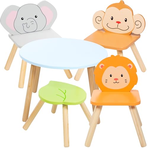 Juego de mesa y silla de madera para niños con 4 asientos, mono, león y elefante, más taburete para adultos, para manualidades, comedor, juego de simulación, muebles duraderos para sala de juegos para