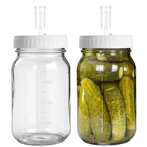 2 Set Fermentation Jar with Airlocks, 1000 ml/34 oz Mason Jars with Scale, Wide Mouth Glass Fermentation Glass Jar, Sourdough Starter Set, Kimchi Jar, Transparent