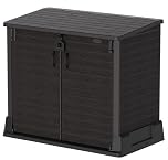 Duramax Cedargrain StoreAway 850L Plastic Garden Storage Shed - Outdoor Storage Shed, Wheelie bin box, Durable Construction, Ideal for Tools, BBQs & 2x 120L Garbage Bins, 130x74x110 cm, Dark Brown