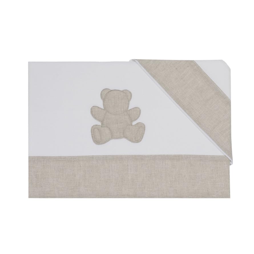 Lisola Set Lenzuola Neonato, per Lettino o Culla, Lenzuolo Sopra 120x180 cm + Federa 40x60 cm + Lenzuolo Sotto 60x130 cm, Made in Italy, in Puro Cotone, Decorato in Lino. Modello: Teddy