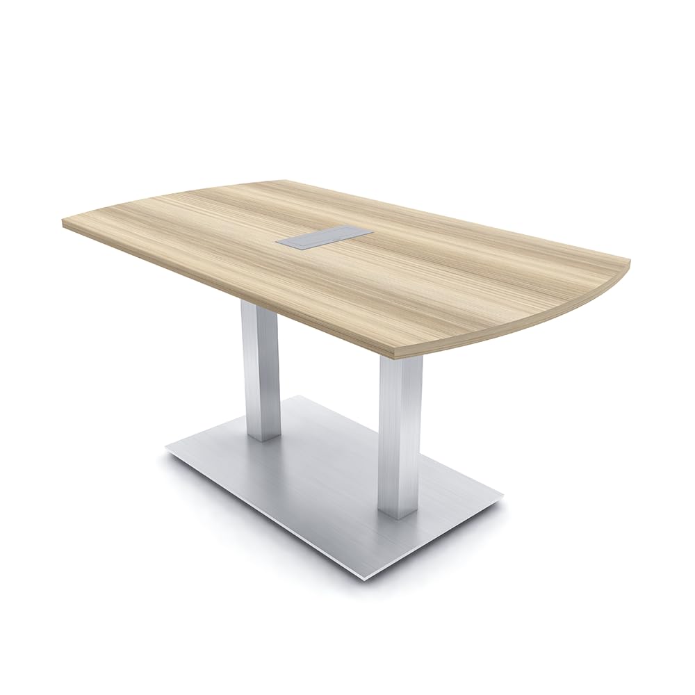 - 6 Person Arc Rectangle Conference Table with Power and Data Module | Meeting Table with Brushed Silver Square Metal Base | Harmony Series Modern Office Table | Blonde Surfside Ash – 5 Ft