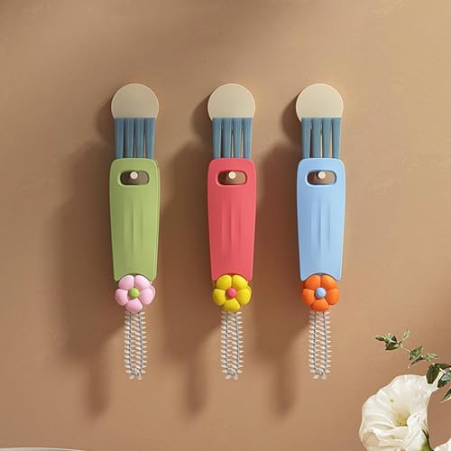 Image of 3-in-1 Brush Cup Lid Cleaning Brush,Cleaning Brush for Bottle Gap Tight Spaces Cup, 3 in 1 Multifunctional Cleaning Brush Portable Cup Lid Cleaner with Brush（3pcs Flowers