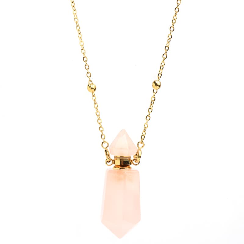 QIQIXIN Rose Quartz Perfume Bottle Necklace Aromatherapy Necklace Hexagonal Pointed Essential Oil Diffuser Necklace for Women Vial Necklace (rose