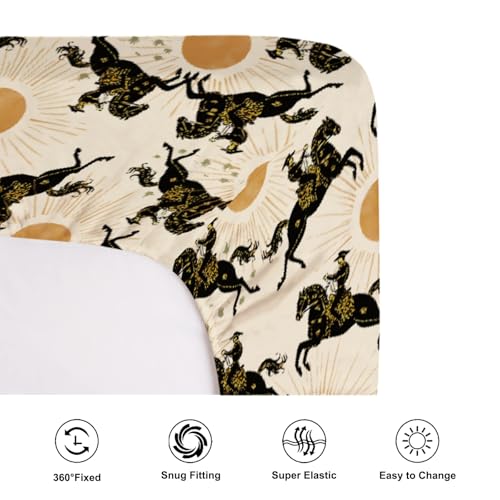 Image of Western Cowboys Sun Fitted Baby Crib Sheets for Girl Boy 52 inchx28 inch Vintage Cowboy Horses Sunshine Soft Crib Mattress Covers Southwest Country Breathable Baby Sheet for Standard Crib and Toddler Mattress