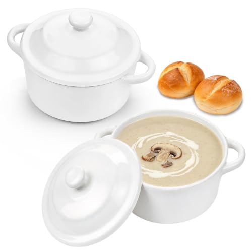 Image of LOMTOM 2-Piece Set Small Casserole Dish with Lid, 250ml White Ceramic Creme Brulee Ramekins Soup Bowls with Handles, Oven Dish Serving Bowls for Soufflé, Oatmeal, Soup, Stews Microwave Dishwasher Safe