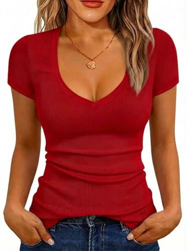 Albe Rita Women Short Sleeve T-Shirt Cap V Neck Shirts for Women Ribbed Casual Top Knit Slim Fit for Summer,Red,M