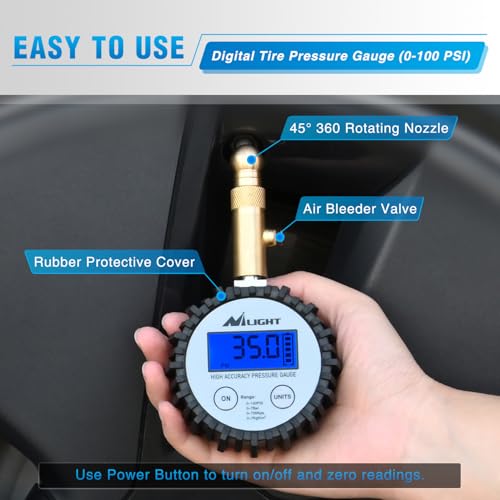 Image of Nilight Digital Tire Pressure Gauge 100PSI Heavy Duty Stainless Steel Air Chucks ANSI 2A Certified Large Dial Wheel Service Checker for Truck Semi Truck ATV Motorhome Cars & RV Accessories
