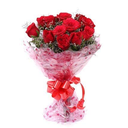 Image of Red Roses Bouquet Fresh Flowers in Cellophane Wrapping (Bunch of 15)
