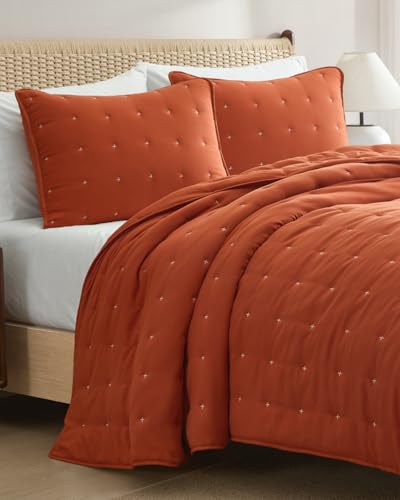 Image of Quilts Queen Size - Bedspread for Queen Size - Lightweight Comforter Set - Quilt Bedding Set for All-Seasons - Soft, Breathable & Comfy - Summer Coverlet with 2 Pillow Shams - 90 inch x 96 inch, Terracotta