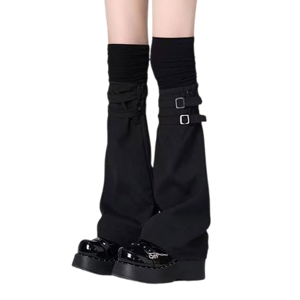 KADSXIYA Women Harajuku Solid Color Flared Leg Warmer Aesthetic Fashion Punk Buckled Fastener Grunge Baggy Leg, Black, As derailed discription