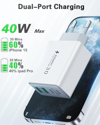 USB C Ladegerät, 40W 4 Ports Schnellladegerät, Mehrfach Stecker Mit Power Adapter Fast Charger Netzteil für iPhone 17 16 15 14 13 12 11 Pro Max, iPad, Samsung, Handys – Bild 3