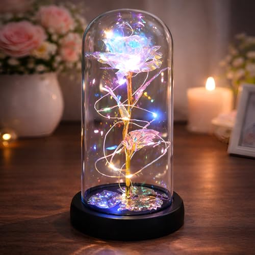 Image of TIED RIBBONS Decorative Flower Women's Day Gift for Wife, Girlfriend, Sister, Mother, Colleague - Artificial Forever Rose Gift Decorative Light up Rose in Glass Dome