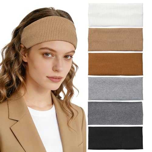 BLMHTWO 6PCS Thick Headbands for Women, Elastic Knitted Ribbed Headbands Non Slip Fashion Headband Wide Cloth Hair Bands for Workout Skincare