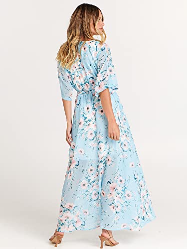 Image of ANRABESS Womens Boho Floral Wedding Guest Maxi Dress | Flowy A-Line Chiffon with Slit, Elegant V Neck Wrap Elastic Waist, Casual 1 /2 Sleeve Spring Summer Outfits, Tea Party