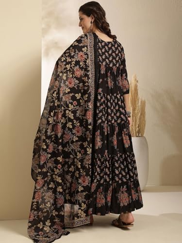 Image of ANNI Designer Viscose Blend Kurta for Women | Kurti Set Woman | Anarkali Kurta with Pant & Dupatta | Black Floral Hand Block Printed Suit | Ethnic Indian Outfit Party Office Traditional Fashion Wear