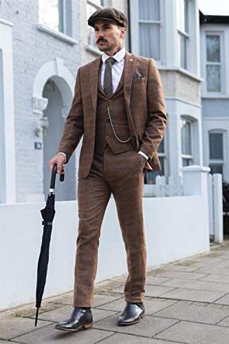 Men's 3 Piece Suit Wool Tweed Herringbone Tan Brown Blue Check 1920s Gatsby Formal Dress Suits2