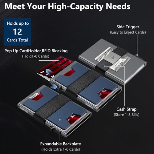 Image of SEMORID Slim Aluminum Card Holder Wallet for Men, Durable Expandable Backplate, RFID Blocking Minimalist Metal Pop Up Wallet, Holds 12+ Cards Plus Cash