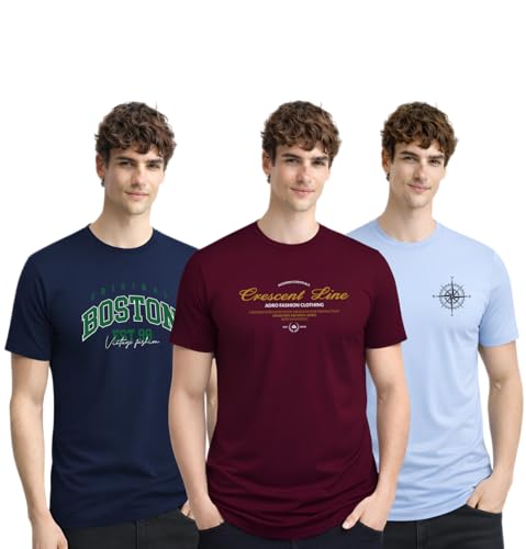 Image of ADRO Mens Printed Cotton T-Shirts Pack of 3 | Regular Fit Graphic Tshirt | Breathable Modern Stylish Casual T Shirt for Travel Gym Daily Lifestyle
