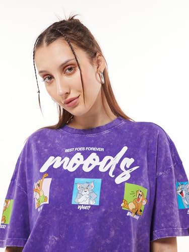 Image of Bewakoof Official Tom & Jerry Merchandise Women's Graphic Print Oversized Fit Half Sleeve Round Neck Cotton Jersey Acid Wash T-Shirt