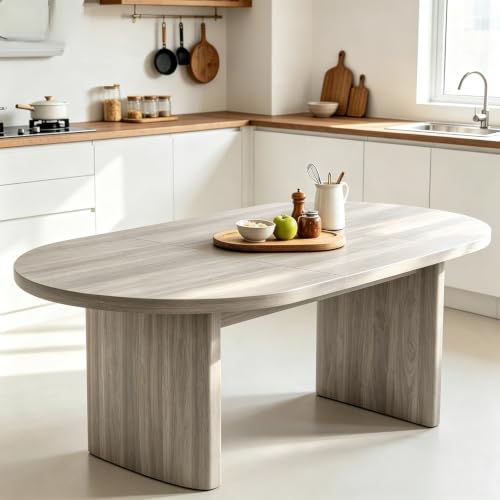Image of IDEALHOUSE 70.8 inch Oval Dining Table for 4-8, Wood Kitchen Table with Double Pedestal Base, Spacious Dining Room Table for Kitchen, Living Room, Reception Area, Natural Finish, Gray