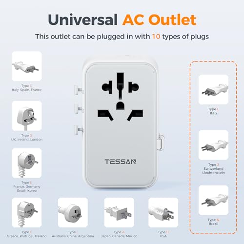 Image of TESSAN Universal Travel Adapter PD 35W GaN, International Power Adapter Built in 1 Retractable USB C Cable, 6 in 1 Travel Adaptor Worldwide with 4 USB Ports for US to Europe UK AUS (Type C G A I)