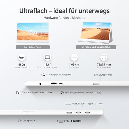 UFYQL Portable Monitor 15,6 Zoll (Tragbarer Monitor) mit FHD IPS Display, Plug and Play mit Schutzhülle, USB-C & HDMI Anschlüsse, VESA-kompatibel, für Laptop, PC, Mac, PS5, Xbox, Switch (Weiß) 3