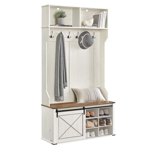 Image of VASAGLE Hall Tree with Bench and Shoe Storage, Coat Rack with Shoe Bench, Entryway Furniture, 6 Tri-Hooks, Sliding Door, Farmhouse Style, Space Saving, Rustic White and Honey Brown UHSR442W01V1